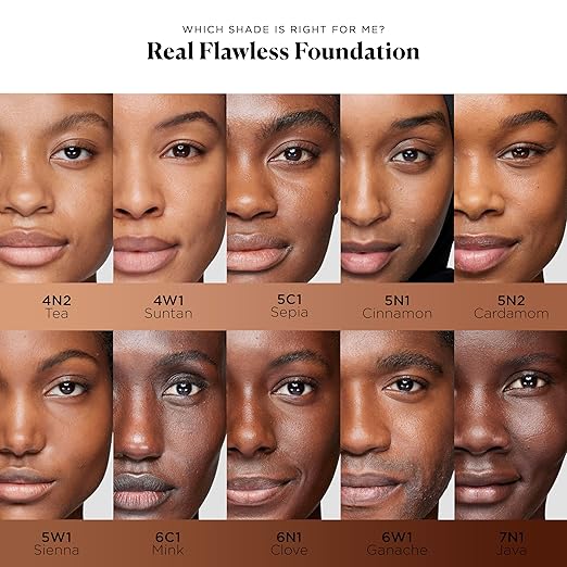 Real Flawless Foundation shade chart with model faces showing different skin tones.