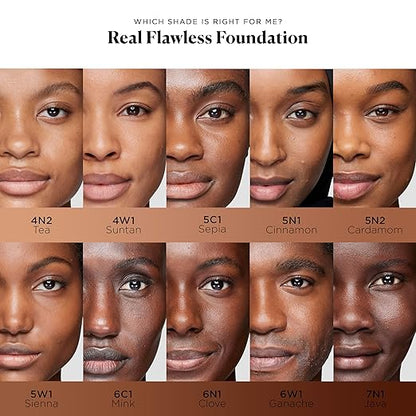 Real Flawless Foundation shade chart with model faces showing different skin tones.