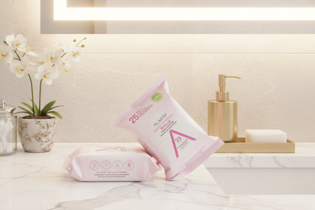 Packaged wet wipes with visible brand logo on a tiled background