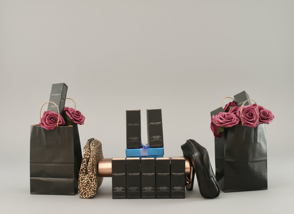 Laura Mercier foundations products on a textured surface with decorative elements
