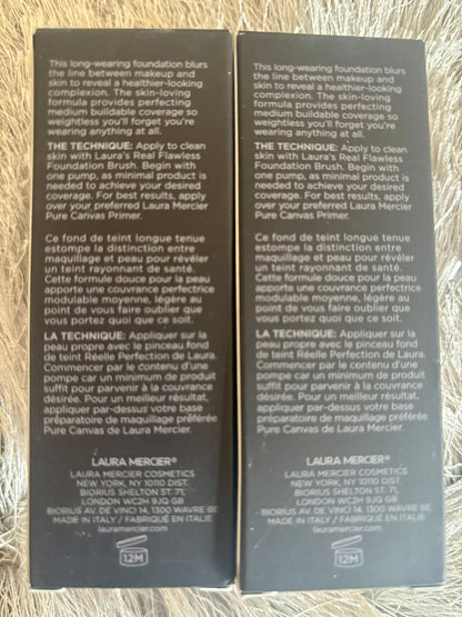 Two black boxes with text on a textured surface Laura Mercier Flawless Foundation 
