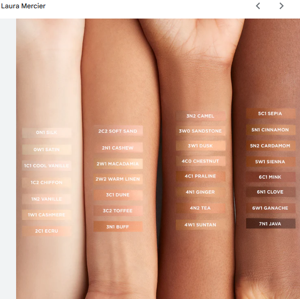 Swatches of different skin tones with corresponding color names on a white background