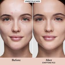 Before and after comparison of a woman's face with Laura Mercier Flawless 